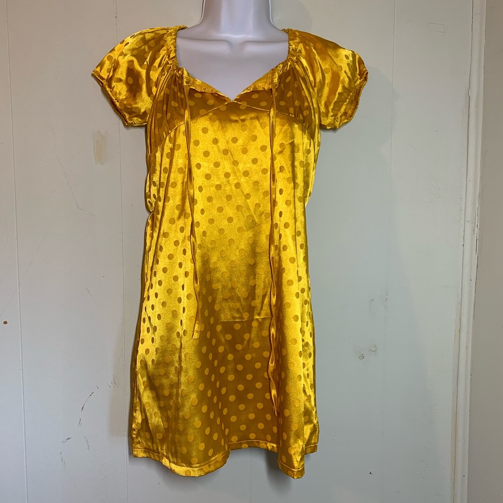 Shein Yellow Polka Dot Short sleeve tie cleavage dress size Small